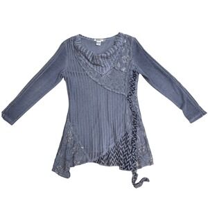 Feratelli Womens Blue Mixed Media Lace Boho Tunic Top Cowl Neck Long Sleeve S
